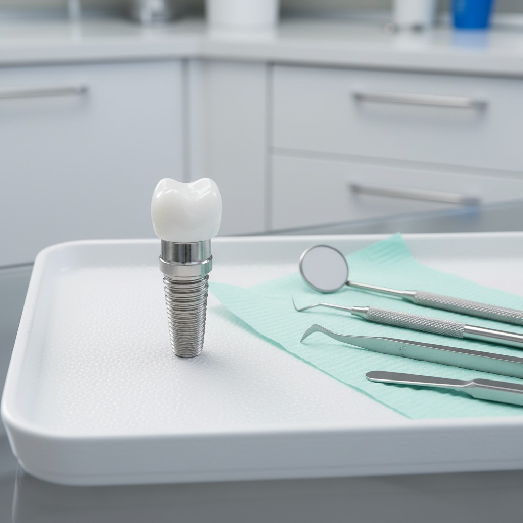 Dentistry tools and dental implant in a dental office.