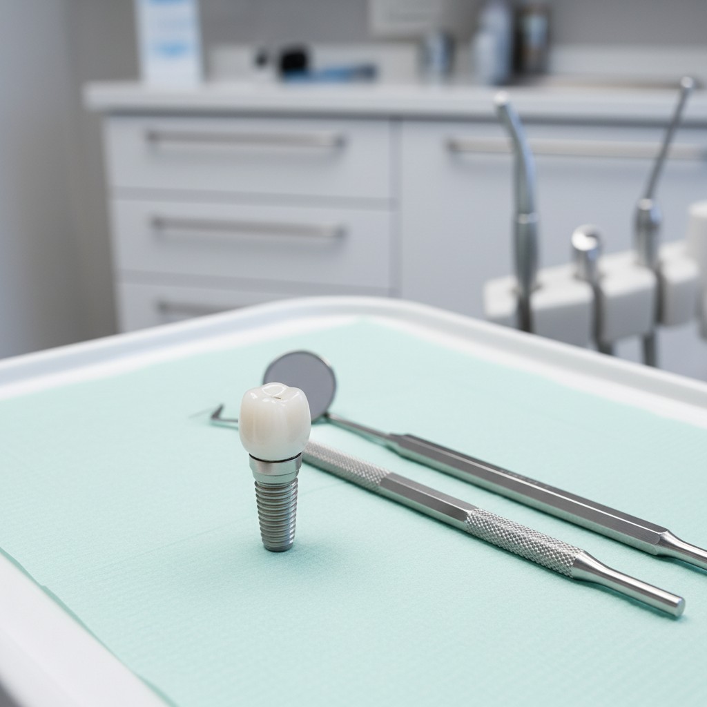 A dental setting with tools and dental crown, showing off equipment and teeth restoration.